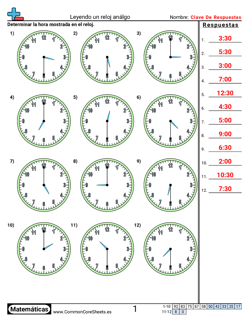 Ejercicios  de tiempo - Leer un reloj (incrementos de media hora) worksheet
