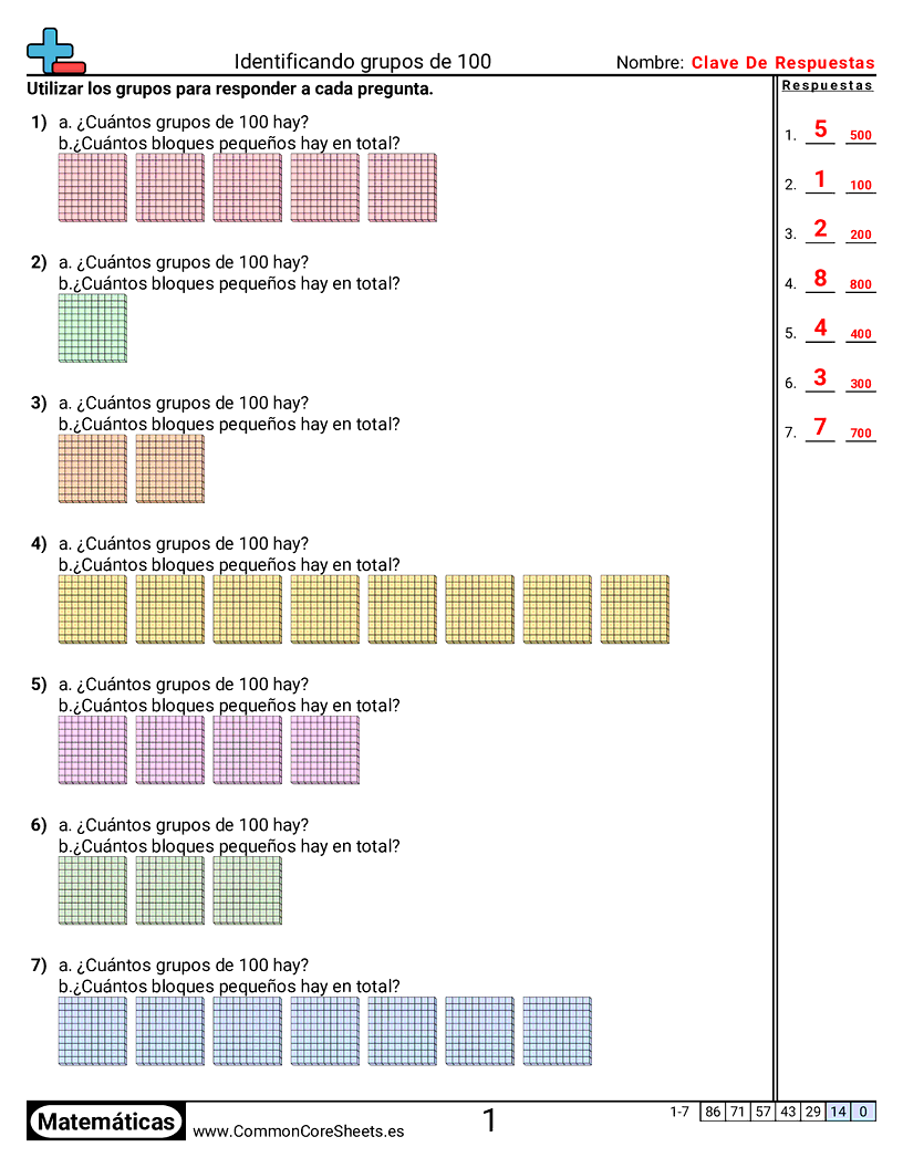 Ejercicios  de valor y valor posicional - Identificar grupos de 100 worksheet